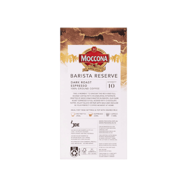 Moccona Barista Reserve Dark Roast Espresso Intensity 10 Pods Pack of 100