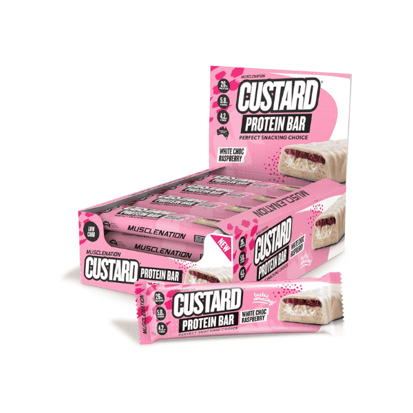 Muscle Nation Protein Bars White Choc Raspberry Custard 12 Bars 60g Each