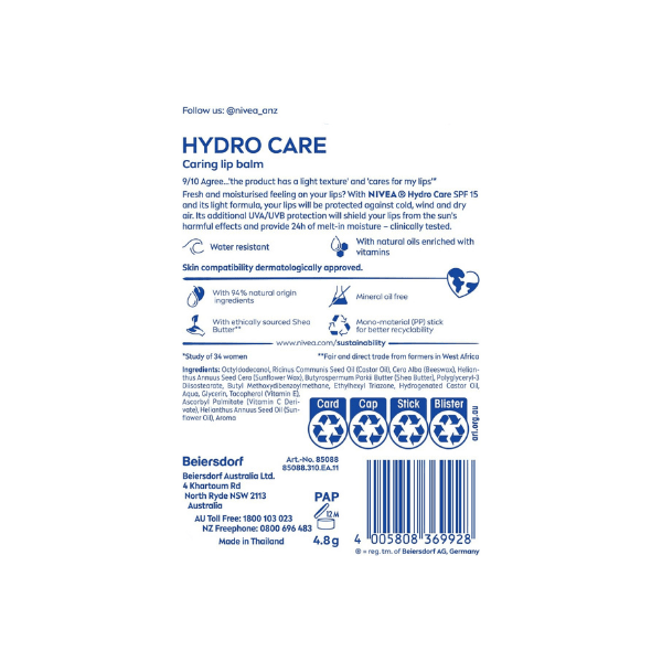 NIVEA Hydro Care Lip Balm SPF 15 Long Lasting Hydration for Dry Lips 1 Pack