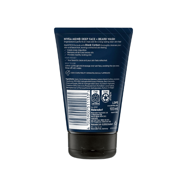 NIVEA MEN Deep Cleansing Face & Beard Wash 100ml Purifying Face Cleanser for Men