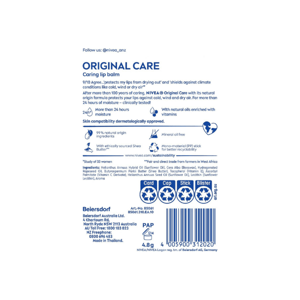 NIVEA Original Care Lip Balm 1 Pack Classic Lip Care