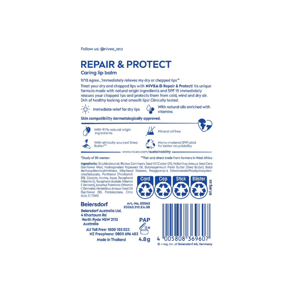 NIVEA Repair & Protect Lip Balm SPF 15 1 Pack for Healthy Lips