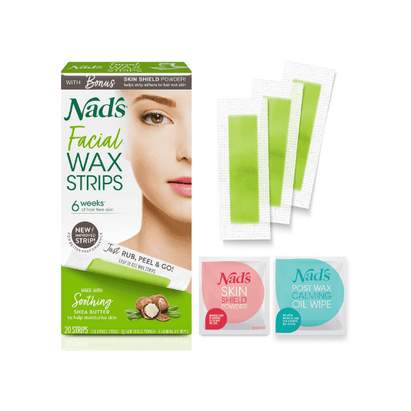 Nad's Facial Waxing Strips 20 Hypoallergenic Strips with Calming Wipes for Sensitive Skin