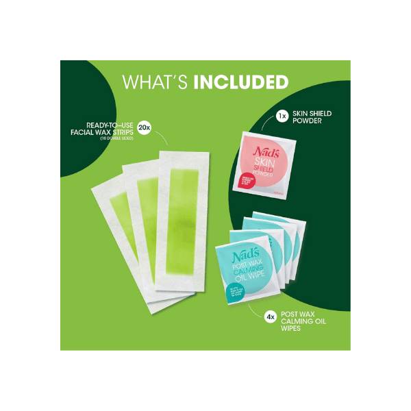 Nad's Facial Waxing Strips 20 Hypoallergenic Strips with Calming Wipes for Sensitive Skin