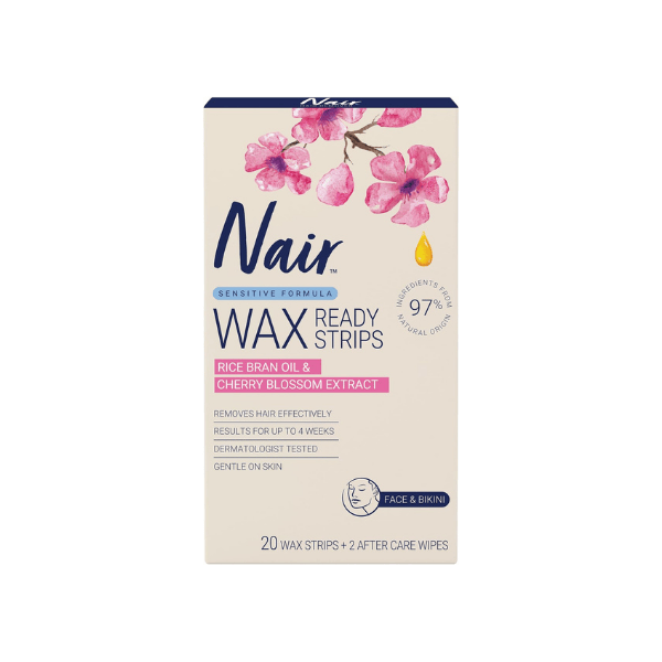 Nair Sensitive Mini Wax Strips Ready-to-Use for Face & Bikini Area 20 Strips + 2 Wipes