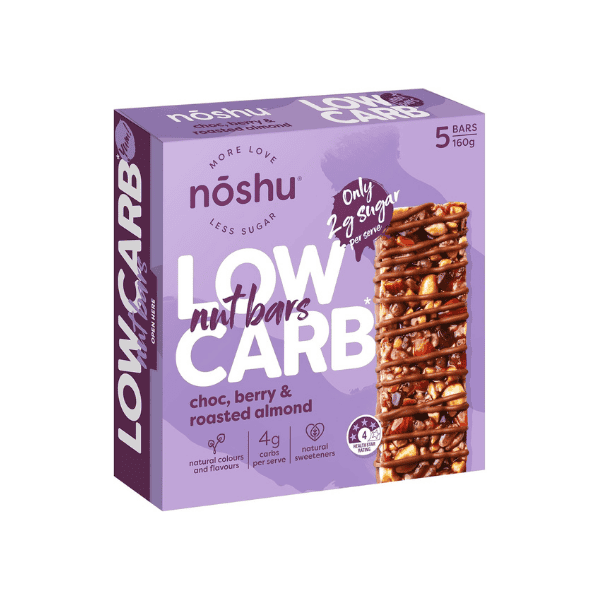 Noshu Low Carb Choc Berry & Almond Nut Bars 5 Pack 160g for a Healthy Treat