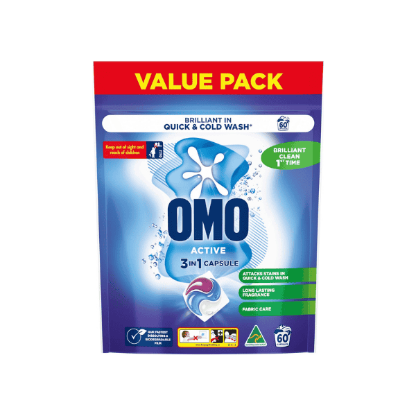 OMO Laundry Capsules 3 in 1 Active 60 Pack for Stain Free Laundry