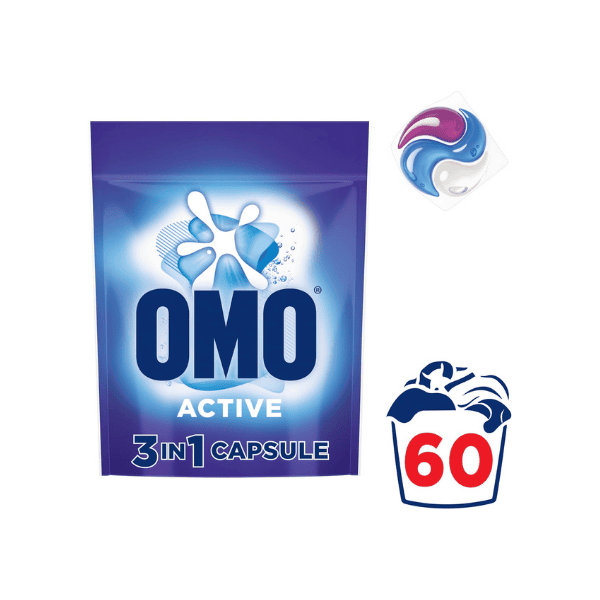 OMO Laundry Capsules 3 in 1 Active 60 Pack for Stain Free Laundry