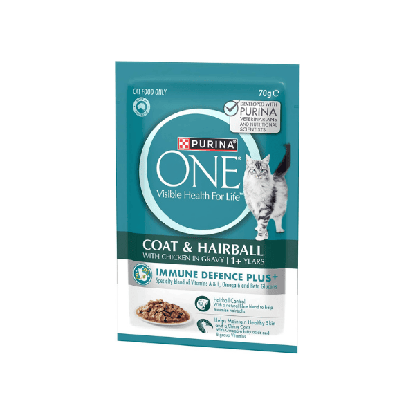 PURINA ONE 12 Pouches of Coat and Hairball Wet Cat Food with Chicken in Gravy 70g Each