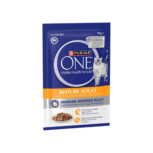 PURINA ONE 7+ Mature Wet Cat Food Succulent Chicken in Gravy 12 Pouches 70g