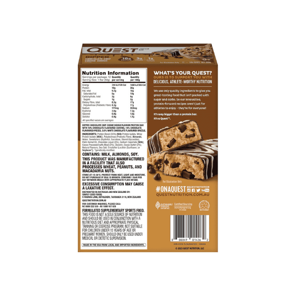 Quest Nutrition Dipped Chocolate Chip Cookie Dough Protein Bars High Protein Low Carb Keto Friendly 12 Pack