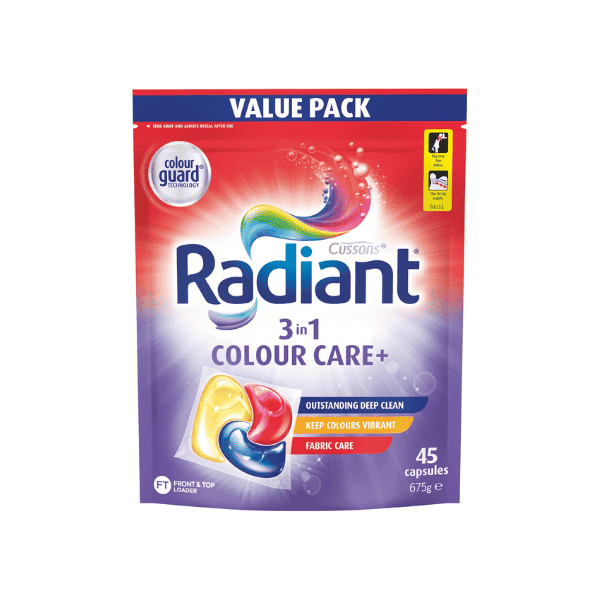 Radiant 3 in 1 Laundry Detergent 675g 45 Capsules for Effortless Colour Care