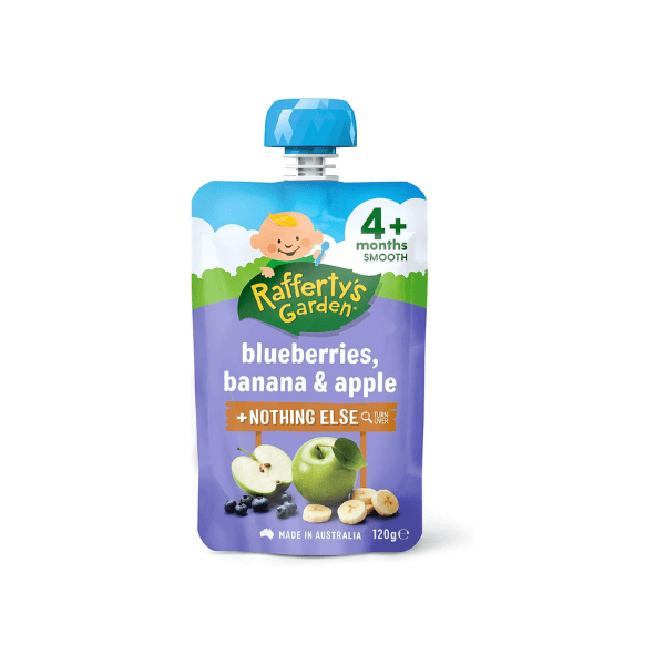 Rafferty's Garden Blueberries Banana & Apple Smooth Baby Food 120g Case of 6 Perfect for Babies 4+ Months