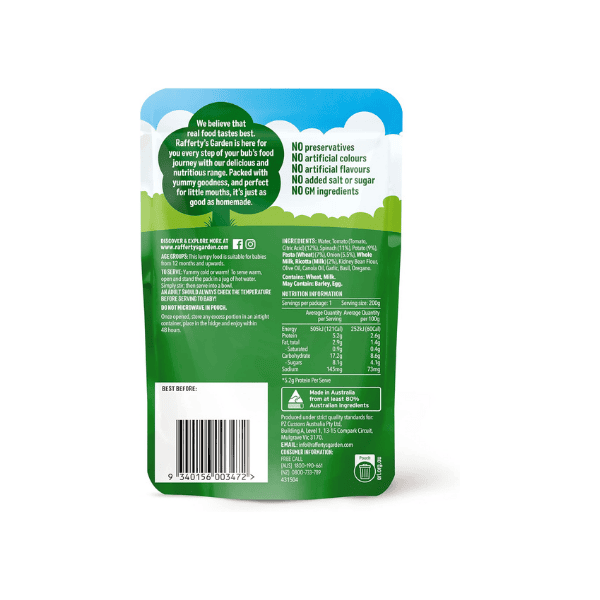 Rafferty's Garden Spinach & Ricotta Macaroni Lumpy Baby Food 200g 6 Pack Healthy Baby Meal