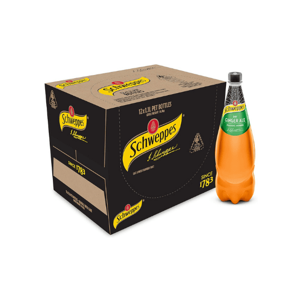 Schweppes Dry Ginger Ale 12 x 1.1L – Crisp and Refreshing Ginger Drink