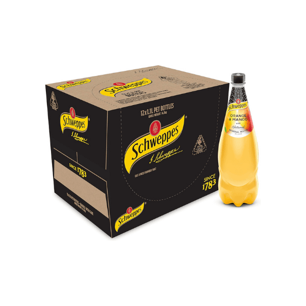 Schweppes Orange and Mango Mineral Water 12 x 1.1L Refreshingly Fruity Sparkling Drink