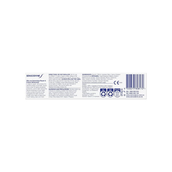 Sensodyne Repair and Protect Toothpaste for Sensitive Teeth Cavity Prevention and Whitening 100g