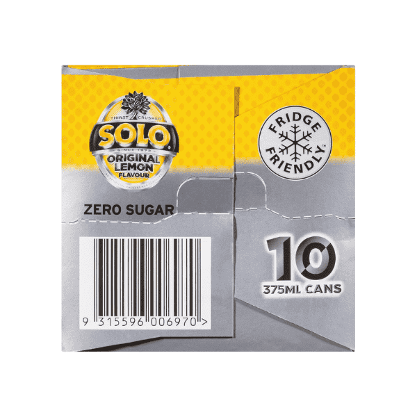 Solo Zero Sugar Soft Drink Can 10 x 375mL Refreshing Lemon Flavor with No Sugar