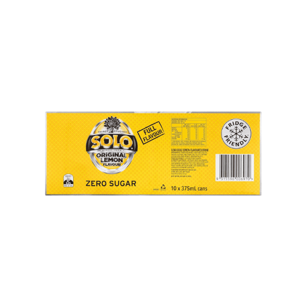 Solo Zero Sugar Soft Drink Can 10 x 375mL Refreshing Lemon Flavor with No Sugar