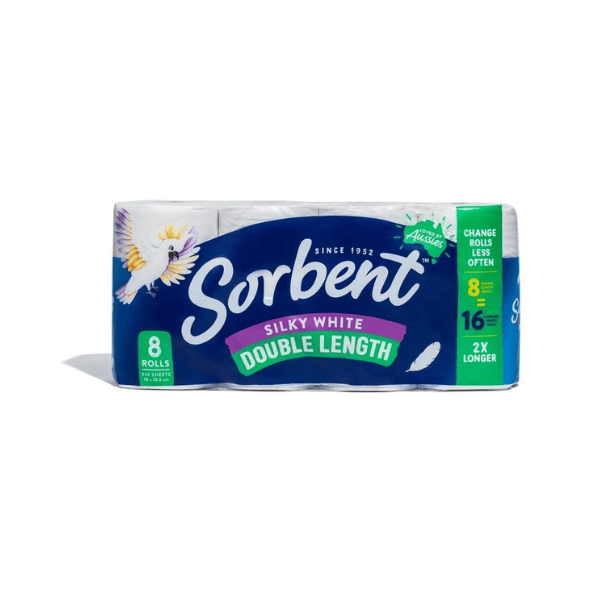 Sorbent 3 Ply Double Length Silky Toilet Tissue White Pack of 8