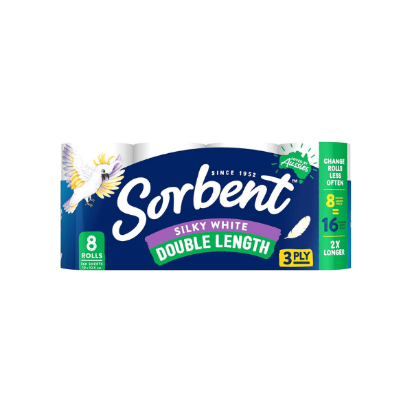 Sorbent 3 Ply Double Length Silky Toilet Tissue White Pack of 8