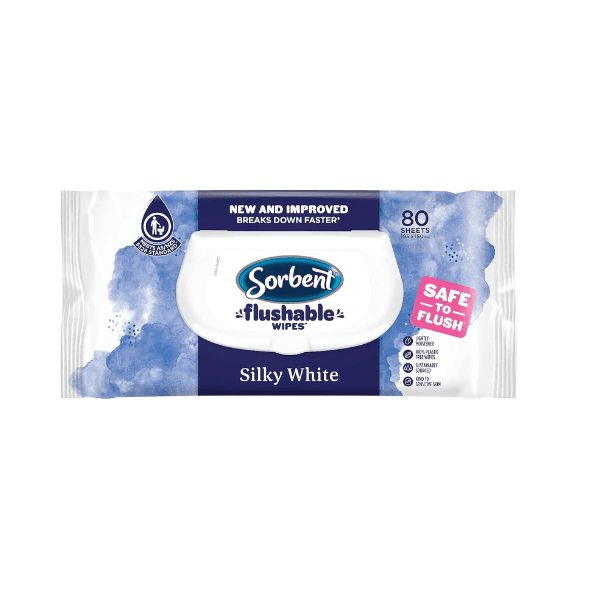 Sorbent White Flushable Silky Wipes 80 pack