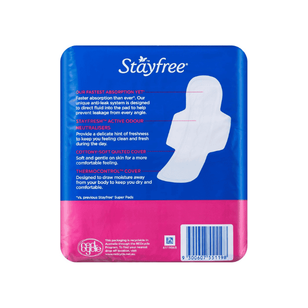 Stayfree Super Pads with Wings 18 Pack Leak-Proof Protection & Comfort for Heavy Flow