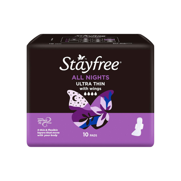 Stayfree Ultra Thin All Nights Pads with Wings 10 Pack Soft Secure Fit for Nighttime Leak Protection