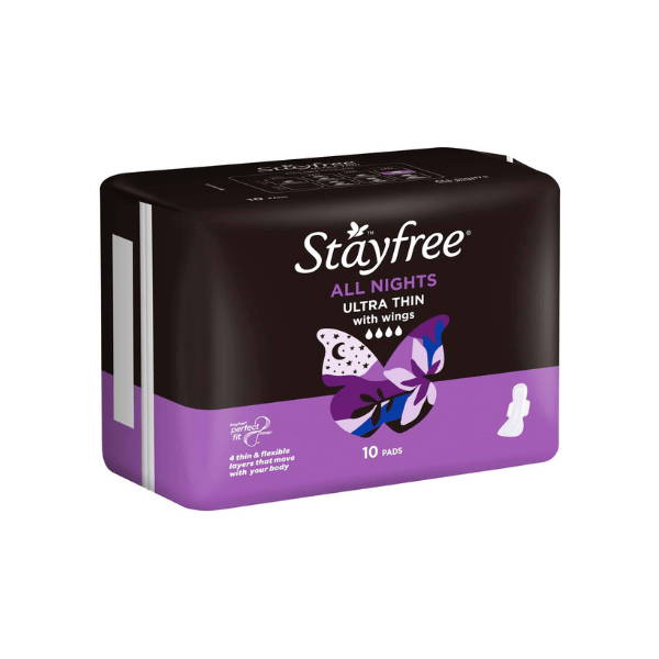 Stayfree Ultra Thin All Nights Pads with Wings 10 Pack Soft Secure Fit for Nighttime Leak Protection