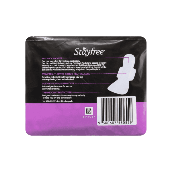 Stayfree Ultra Thin All Nights Pads with Wings 10 Pack Soft Secure Fit for Nighttime Leak Protection