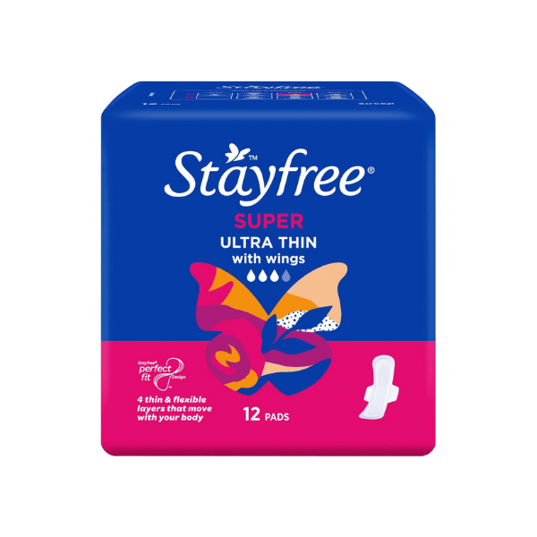 Stayfree Ultra Thin Super Pads with Wings 12 Pack Fast Absorption Leak Protection & Odor Control