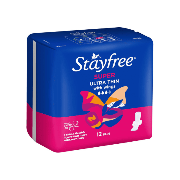 Stayfree Ultra Thin Super Pads with Wings 12 Pack Fast Absorption Leak Protection & Odor Control