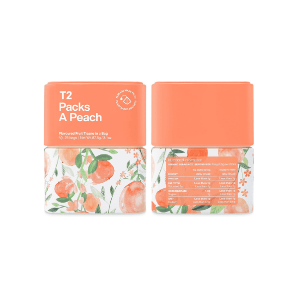 T2 Packs A Peach 25 Fruit Tea Tisane Teabags in T2 Icon Tin for a Sweet & Juicy Infusion