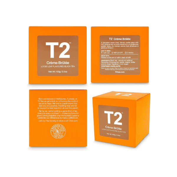 T2 Crème Brûlée Loose Leaf Black Tea A Sweet Indulgence 100g Gift Cube