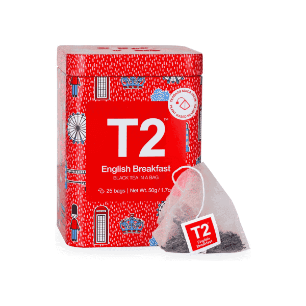 T2 Tea English Breakfast Black Tea Bags 25 Count Icon Tin 2020 Special Edition