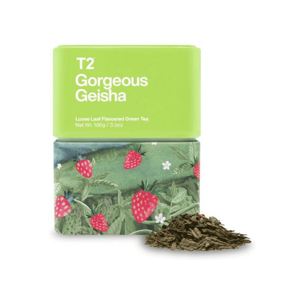 T2 Gorgeous Geisha Green Tea Premium Loose Leaf in Icon Tin 100g for Pure Flavor