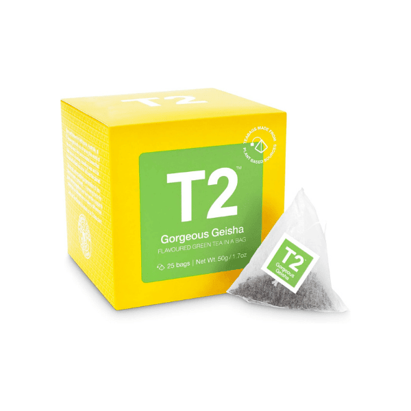 T2 Tea Gorgeous Geisha Green Tea 25 Tea Bags in Box for a Premium Floral Green Tea