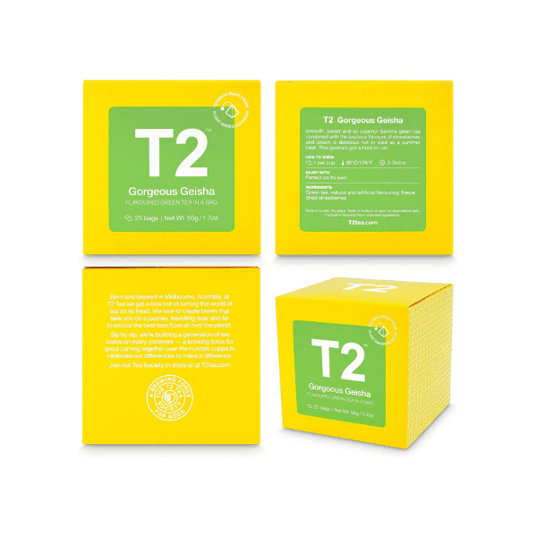 T2 Tea Gorgeous Geisha Green Tea 25 Tea Bags in Box for a Premium Floral Green Tea