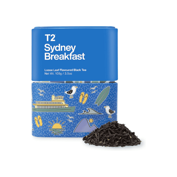 T2 Sydney Breakfast 100g Loose Leaf Black Tea in Icon Tin for a Bold Morning Brew