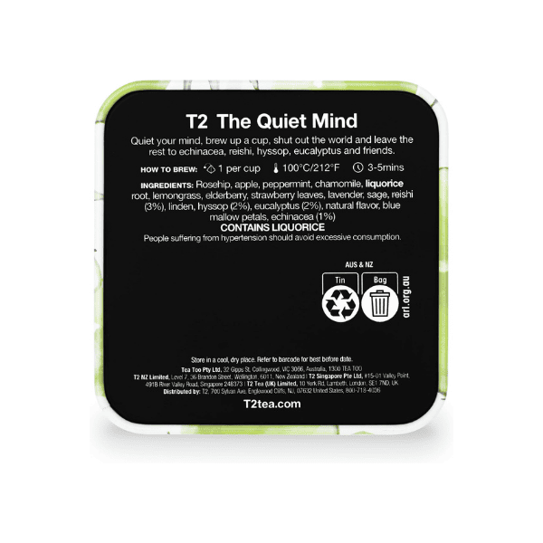 T2 Quiet Mind Herbal Tea 20 Count Teabags in Stylish Icon Tin for Tranquility