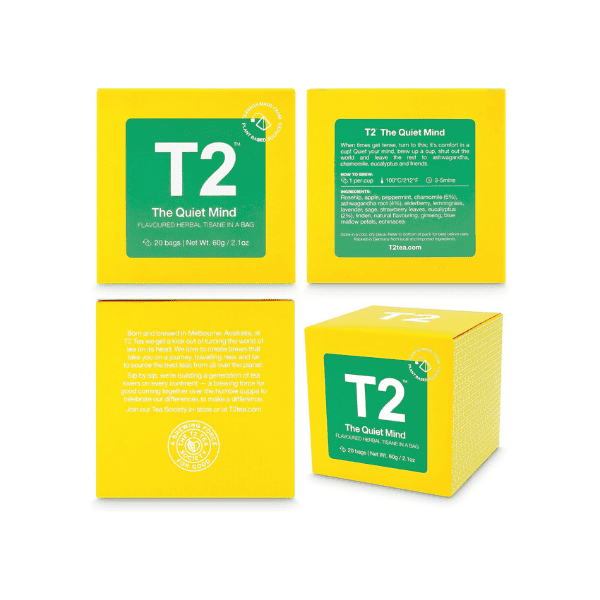 T2 The Quiet Mind 60g Teabags for Relaxation & Focus in Feature Cube