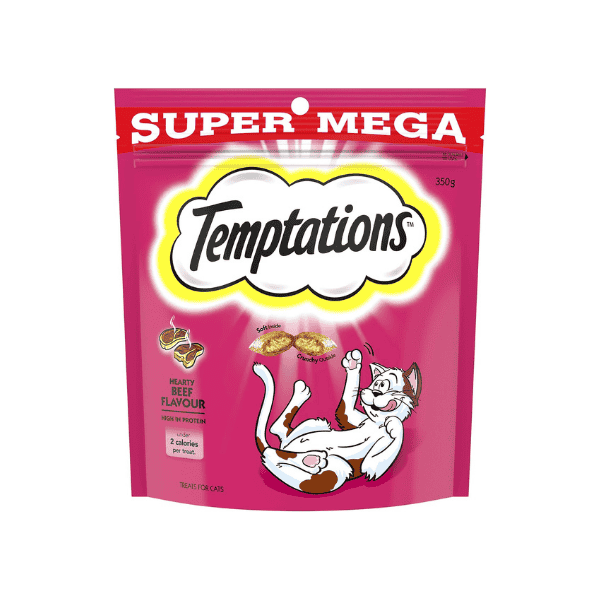 Treat Your Cat to TEMPTATIONS Hearty Beef Flavour 350g of Crunchy Goodness