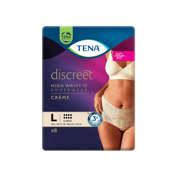 TENA Discreet High Waist Incontinence Underwear Creme Large 8 Pairs per Pack