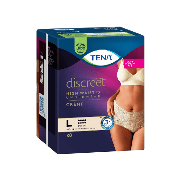 TENA Discreet High Waist Incontinence Underwear Creme Large 8 Pairs per Pack