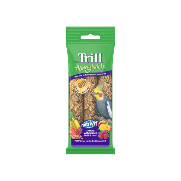 Trill 3-Pack Cockatiel Honey Sticks Enriched Bird Food with Vitamins Minerals and Nuts