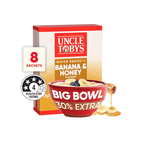 UNCLE TOBYS Banana & Honey Oats Quick Sachet  Perfect Breakfast 8 Sachets