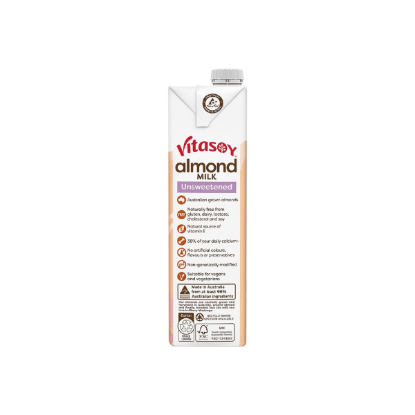 Vitasoy Unsweetened Long Life Almond Milk 1L (12 Pack) - Healthy Dairy Free Alternative