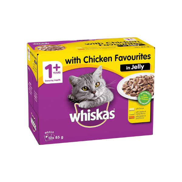 WHISKAS 1+ Years Chicken Favourites in Jelly Wet Cat Food 5 Pack 60 Pouches of 85g