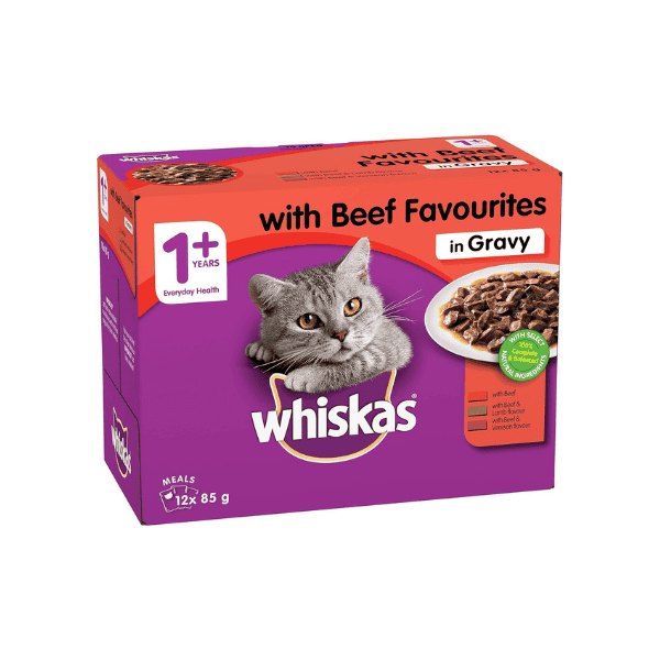 WHISKAS 1+ Years Wet Cat Food Beef Favourites in Gravy 60 Pouches 5 Packs of 12 x 85g