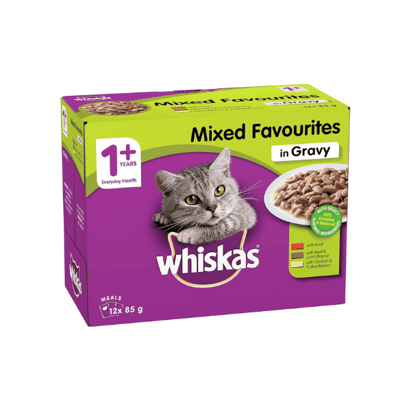 WHISKAS 1+ Years Wet Cat Food Mixed Favourites in Gravy 60 Pouches 5 Packs of 12 x 85g